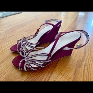 David’s Bridal Crystal-T strap satin wedge wine